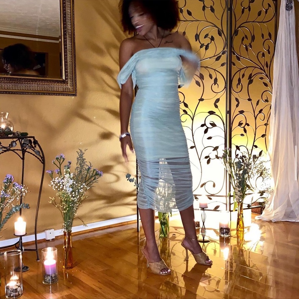 Mint green off the shoulder scrunched bodycon